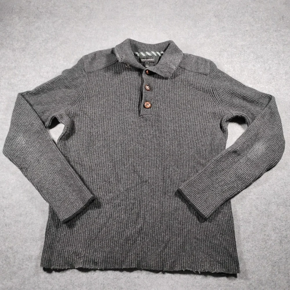 Banana Republic Ribbed Button Mock Neck Merino Wool Sweater Men's Large Gray